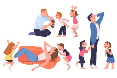 Yorgun Ebeveynler, Gürültülü ve Enerjik Çocuklar Vektör Seti 'nde Oynuyor. Yaramaz çocuklarla uğraşmaktan yorgun düşmüş genç anne ve baba yorgun düşüyor.