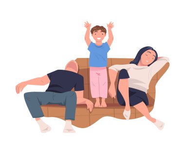 Gürültülü ve enerjik oğlunun vektör ilüzyonu etrafında oynamasından yorgun düşmüş anne ve baba koltukta. Yorgun Anne ve Baba, Yaramaz Çocuk 'la uğraşmaktan yorgun düşüyor.
