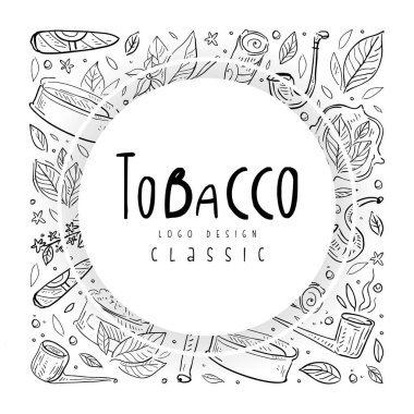 Sketchy Drawn Leaf, Puro ve Smoking Pipe Vector Şablonu ile Tütün Tasarımı. Nikotin Bitkisiyle Tanıtım Bayrağı