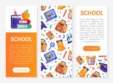 Okul Nesneleri ve Malzemeleri Tasarımı Sırt çantası, Alarm Saati, Kitap ve Çan Vektör Şablonu. Okula Dönüş ve Eğitim Teması