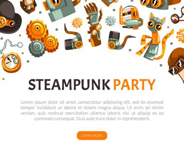 Steampunk Retrofuturistik Teknoloji Tasarımı Endüstriyel Buharlı Mekanizma Vektör Şablonu. Antika Vitesli Bilim Kurgu TemasıName