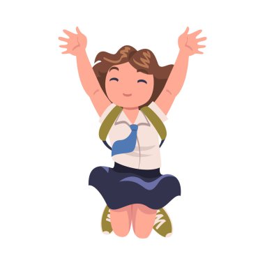 Üniformalı, kravatlı ve sırt çantalı, Joy Excited About School Vector Illustration 'lu mutlu kız öğrenci. İlk Eylül 'ü Kutlayan Küçük Neşeli Öğrenci