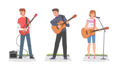 People Street Müzisyen Karakteri Gitar Çalıyor ve Şarkı Söylüyor Vector Set. Genç Adam ve Kadın Dışarıda Canlı Performans Gösteriyor