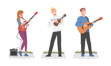 People Street Müzisyen Karakteri Gitar Çalıyor ve Şarkı Söylüyor Vector Set. Genç Adam ve Kadın Dışarıda Canlı Performans Gösteriyor