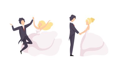 Yeni evli çift, Gelinlik ve Takım Elbise Giyen Kadın ve Erkek El ele tutuşuyor ve Zıplayan Vektör Seti. Genç Gelin ve Damat Evlilik Töreni Yapıyor