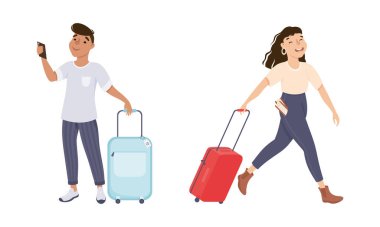 Valizli Erkek ve Kadın Turist Karakteri ve Havalimanı Vector Set 'inde bavul. Genç Erkek ve Kadın Bagajla Seyahat Ediyor