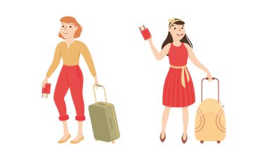Bavullu Kadın Turist Karakteri ve Havalimanı Vector Set 'inde bavul. Genç Bayan Bagajla Seyahat Ediyor