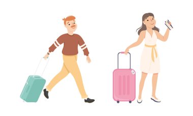 Genç bir adam ve kadın tatile çıkıyorlar. Beyaz arka planda izole edilmiş, bavullar ve biletlerle seyahat eden turistler çizgi film vektör çizimleri