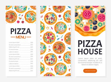 Pizza House Yaratıcı Menü Tasarımı ve Fırınlanmış Yuvarlak Hamur Vektör Şablonu. Pizzacı için Reklam Afişi