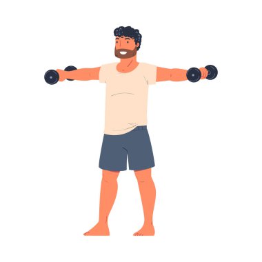 Genç Sakallı Adam Karakteri ve Evde Vektör İllüzyonunda Spor Yapan Ahmak. Spor Erkek Çalışması ve Fiziksel Egzersiz İçerde