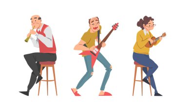 Ukulele, gitar ve flüt çalan müzisyenler beyaz arkaplanda izole edilmiş çizgi film vektör çizimi çiziyorlar.