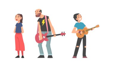 Gitar çalan ve şarkı söyleyen müzisyenler beyaz arkaplanda izole edilmiş çizgi film vektör çizimi