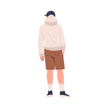 Hoody ve Cap Stand Back View Vector Illustration 'da Erkek Karakteri. Gelişigüzel Giyinen Genç Erkek 