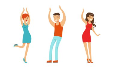 Kulüp setinde dans eden mutlu gençler. Erkekler ve kadınlar beyaz arka planda izole edilmiş bir şekilde dans partisinin çizgi film çiziminden zevk alıyorlar.