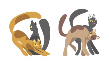 Sevimli sarılan kediler seti. Beyaz arka planda izole edilmiş sevimli kahverengi ve siyah kedili çizgi film vektör çizimleri