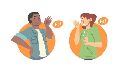 Genç adam ve kadın merhaba diyor. Gülümseyen insanlar, beyaz arkaplanda izole edilmiş bir şekilde el sallıyor.