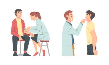 Hastalıkların tıbbi kontrolleri ayarlandı. Hemşire örnek testi yapıyor ve beyaz arkaplanda izole edilmiş vektör çizimi yapıyor.