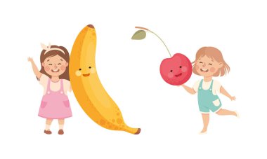 Beyaz arka planda izole edilmiş büyük muz ve kiraz ağacı vektör çizimleriyle oynayan sevimli mutlu çocuklar.