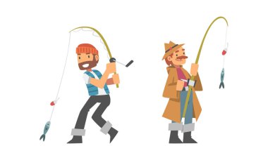 Balıkçı karakterleri. Beyaz arka planda balık oltaları ve balık karikatürü vektör çizimi olan balıkçılar izole edildi