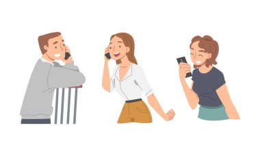 Akıllı telefonları kullanan gençler. Telefondan konuşan neşeli insanlar beyaz arka planda izole edilmiş vektör çizimi