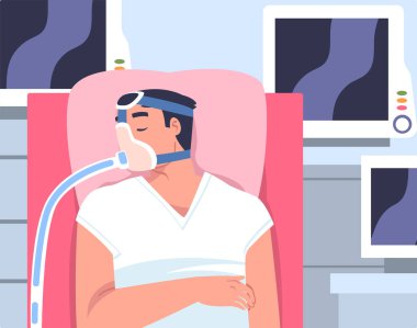 Hastanedeki Erkek Hasta Yapay Akciğer Havalandırması Durumu Kritik Yatakta Maske Vektörü Resimleriyle Yatıyor. Klinikte Akciğer Terapisi Gören Genç Erkek Hastalığı