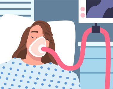 Yatakta Maskeli Genç Kadın Hasta Suni Akciğer Havalandırması Kritik Durum Vektör İllüzyonunda Oluyor. Kadın Akciğer Terapisi Enfeksiyonu