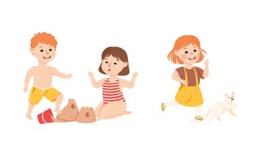 Çocukların kötü davranışları. Kızgın çocuk kumdan kaleyi yok ediyor, kız beyaz arka planda izole edilmiş kedi çizgi film vektör çizimine basıyor.