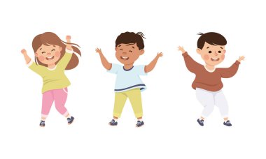 Neşeli çok kültürlü erkekler ve kız birlikte oynuyorlar, dans ediyorlar ya da beyaz arka planda izole edilmiş mutlu bir çizgi film çizimleri çiziyorlar.