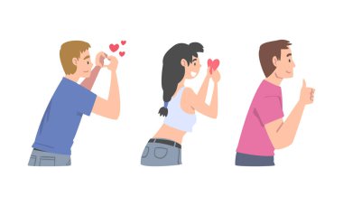 Hevesli takipçiler ayarlandı. Sosyal medyada popüler kanal veya blog 'u takip eden insanlar beyaz arkaplanda izole edilmiş vektör çizimi