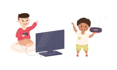 Şirin Çocuk, Gamepad ile video oyunu oynuyor ve Teyp Vector Set ile müzik dinliyor. Gadget ve Elektronik Aygıt Kullanan Mutlu Çocuk