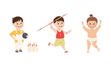 Şirin Küçük Çocuk cirit atıyor ve bovling oynuyor. Spor ve fiziksel aktivite vektör seti. Enerjik Çocuk Sporcu Vücut Eğitimi Konseptine Bağlandı
