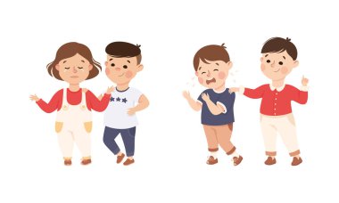 Küçük Çocuk Destekleyici ve Rahatlatıcı Üzgün Arkadaş Vektör İllüstrasyon Seti. Nazik Çocuk Yatıştırıcı ve Teselli Edici Yaşlılık Hisseden Empati Konsepti