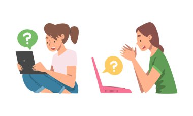 Dizüstü bilgisayarındaki arama sistemini kullanarak soru soran genç bir kadın karakteri. Ağ Tarayıcı Konseptinde Cevap Arayan Kadın