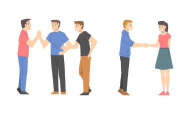 People Character Shaking Hand as Brief Greeting or Parting Tradition Vector Set. Young Man and Woman with Grasped Hands Making Handshake Gesture Settling Deal or Observing Etiquette Concept clipart