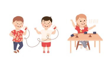 Little Boy ve Girl Fizik Bilimi Deneyi 'nde Kaldıraç ve Kupa Vektörü Set ile çalışıyor. Akıllı Çocuk Fiziksel Fenomen Çalışması ve Araştırma Konseptini Sınadı