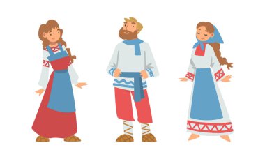 Etnik Kıyafet Vektörü Set 'teki Slav ya da Slavonya Erkek ve Kadın Karakteri. Genç Avrupalı Erkek ve Kadın Nakışlı Gömlek ve Elbise Konsepti Giyiyor