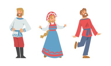 Etnik Kıyafet Vektörü Set 'teki Slav ya da Slavonya Erkek ve Kadın Karakteri. Genç Avrupalı Erkek ve Kadın Nakışlı Gömlek ve Elbise Konsepti Giyiyor