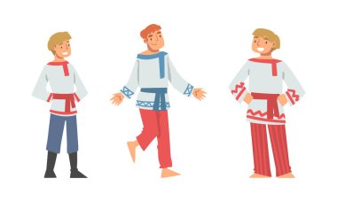 Etnik Giysi Ayakta Durma ve Gülümseyen Vektör Seti 'nde Slav ya da Slavonya Erkek Karakteri. İşlemeli gömlek ve kemer takan Avrupalı genç bir erkek.