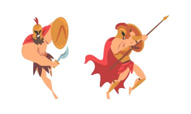 Spartan Adam Kırmızı Pelerinli ve Miğferli Mızrak ve Kalkan Saldırı Vektörü hazır. Vatandaş Asker veya Antik Yunan Savaşçısı Kavramı