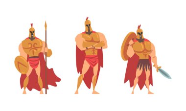 Spartan Adam Kırmızı Pelerinli ve Miğferli Mızrak ve Kalkan Vektör Kümesi ile donatılmış. Vatandaş Asker veya Antik Yunan Savaşçısı Kavramı