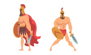 Spartan Adam Kırmızı Pelerinli ve Miğferli Kılıç ve Kalkan Vektör Set ile donatılmış. Vatandaş Asker veya Antik Yunan Savaşçısı Kavramı