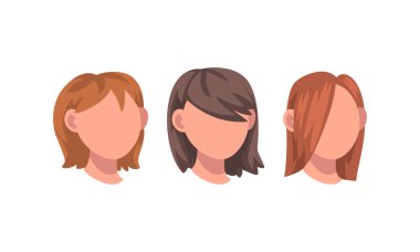 Yüzü ve boynu olan kadın kafasının farklı saç stili vektörleri var. İnşaat İçin İnsan Vücut Parçası