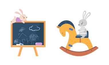 Chalkboard with Hare and Rocking Wooden Horse as Colorful Kids Toy Vector Set. Enjoyable Object from Nursery for Playing and Entertaining Childish Game Concept clipart