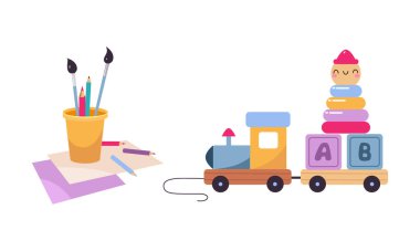 Bloklu Tren ve Piramit ve Kalem ve Fırça Renkli Çocuklar Oyuncak Vektör Seti ile Kupa. Çocuk Yuvası 'ndan Çocuk Oyunu Konsepti İçin Eğlenceli Nesne