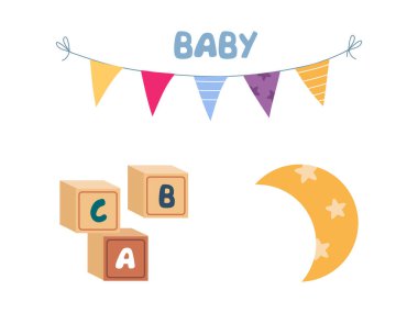 Garland, Abc Tahta Bloklar ve Crescent Renkli Çocuklar Oyuncak Vektör Seti. Çocuk Yuvası 'ndan Çocuk Oyunu Konsepti İçin Eğlenceli Nesne