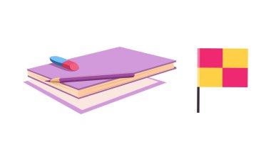 Renkli Çocuklar Oyuncak Seti Olarak Kalem ve Silgi ile Bayrak ve Not Defteri. Çocuk Yuvası 'ndan Çocuk Oyunu Konsepti İçin Eğlenceli Nesne