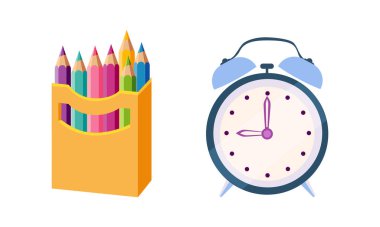 Alarm Clock with Dial and Colored Pencil in Box as Colorful Kids Toy Vector Set. Enjoyable Object from Nursery for Playing and Entertaining Childish Game Concept clipart