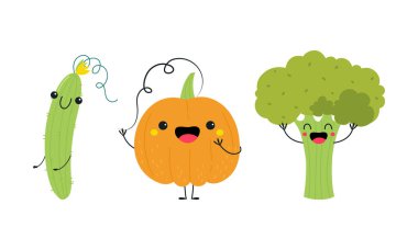 Funny Broccoli and Pumpkin Vegetable Character with Smiling Face Vector Set. Cheerful Veggie as Fresh Garden Vitaminic Food for Kids Concept clipart