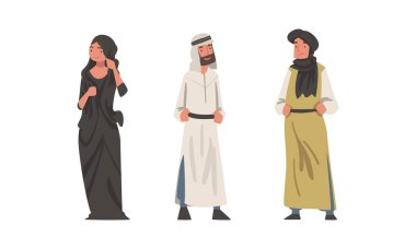 Arap Erkek ve Kadın Geleneksel Müslüman Elbisesi ve Uzun Akan Kıyafet Vektörü Seti. Ulusal Kıyafet Kaplamalı Vücut Konseptinde Etnik Gülümseyen Arap Erkek ve Kadın