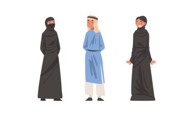 Arap Erkek ve Kadın Geleneksel Müslüman Elbisesi ve Uzun Akan Kıyafet Vektörü Seti. Ulusal Kıyafet Kaplamalı Vücut Konseptinde Etnik Gülümseyen Arap Erkek ve Kadın